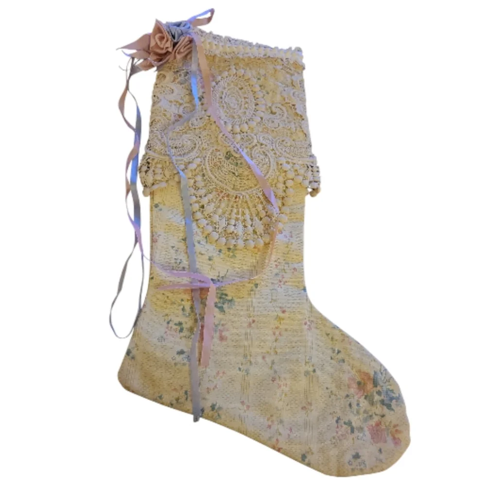Handcrafted Christmas Stocking Antique Lace Over Floral Cotton Satin Rosettes - Picture 9 of 10